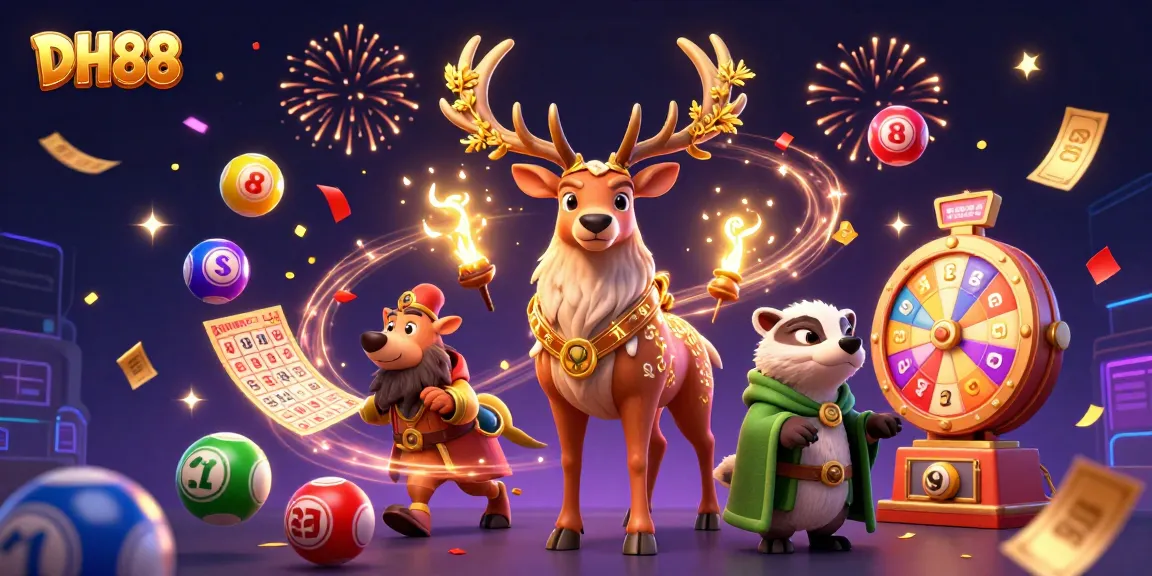 Engaging DH88 online gaming scene with druid and badger characters amid lottery and casino elements.