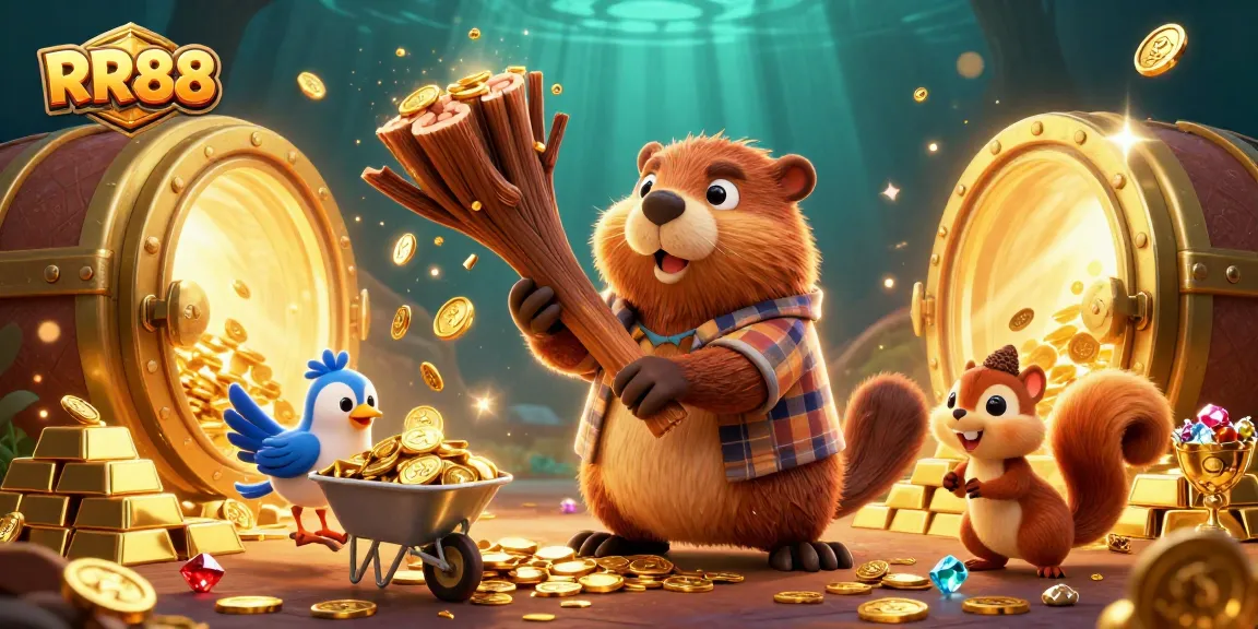 Experience exciting wins at RR88 with a playful scene of beaver, bird, and squirrel in a gold treasure environment.